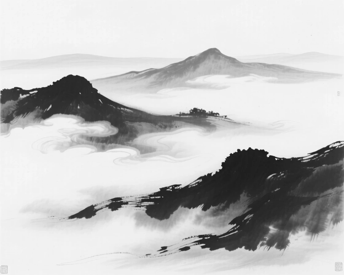 Layers of cloud drift silently between distant mountain peaks, with mountain ridges emerging and vanishing in the shifting mist.