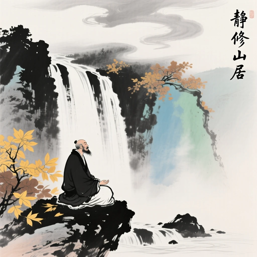 A hermit meditating quietly beside a mountain waterfall, as autumn leaves turn golden, beneath low hanging clouds.
