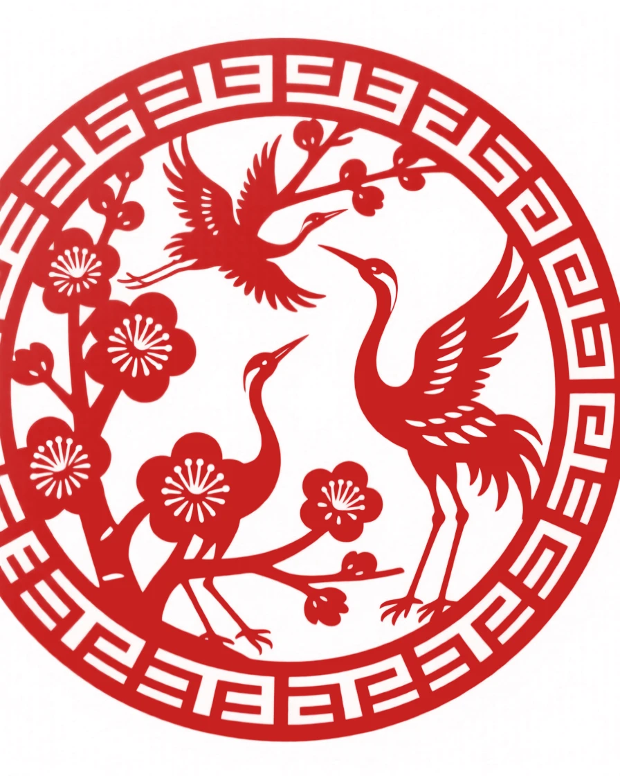 A design of a circular medallion featuring a lattice of plum blossoms and cranes, bordered by a fine repeating key-fret pattern.