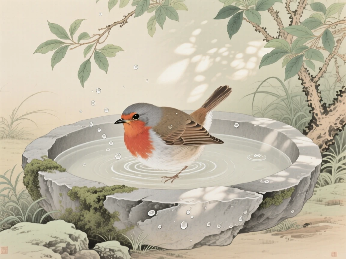 A robin bathing in a stone garden basin, soft morning light filtering through the branches