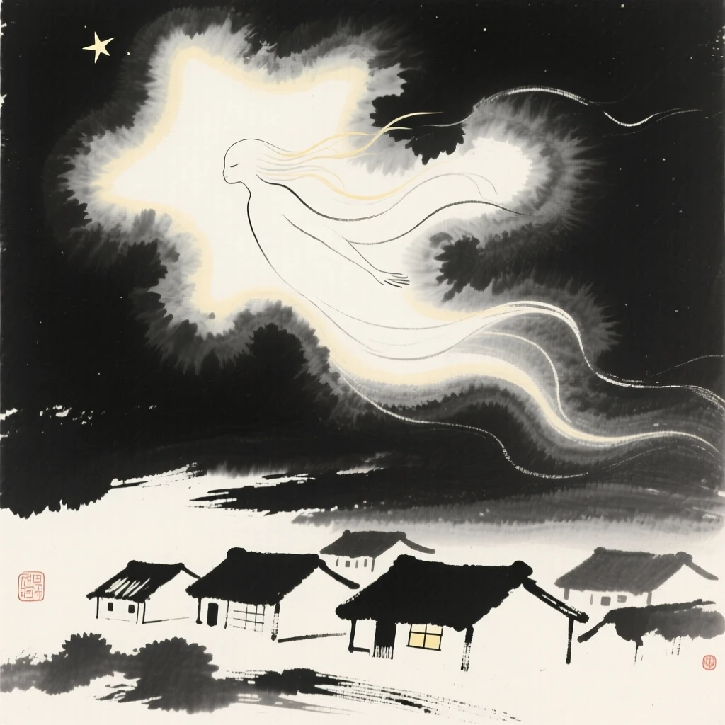 A star-spirit drifting above a sleeping village within a swirl of luminous cloud, captured mid-motion with flowing, graceful lines, evoking wonder, myth, and quiet reverence.