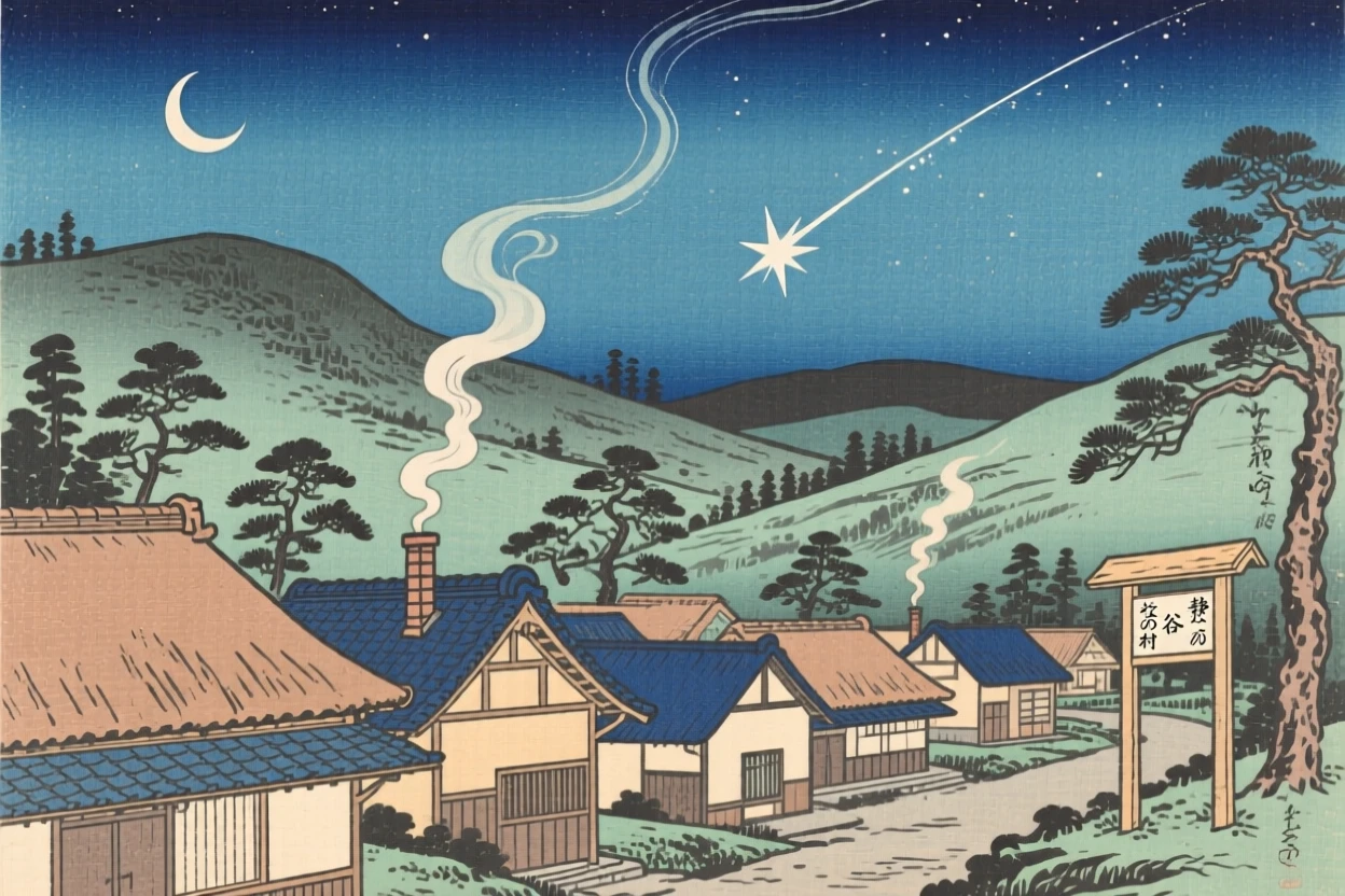 A shooting star streaking above a sleeping village, above a quiet valley.