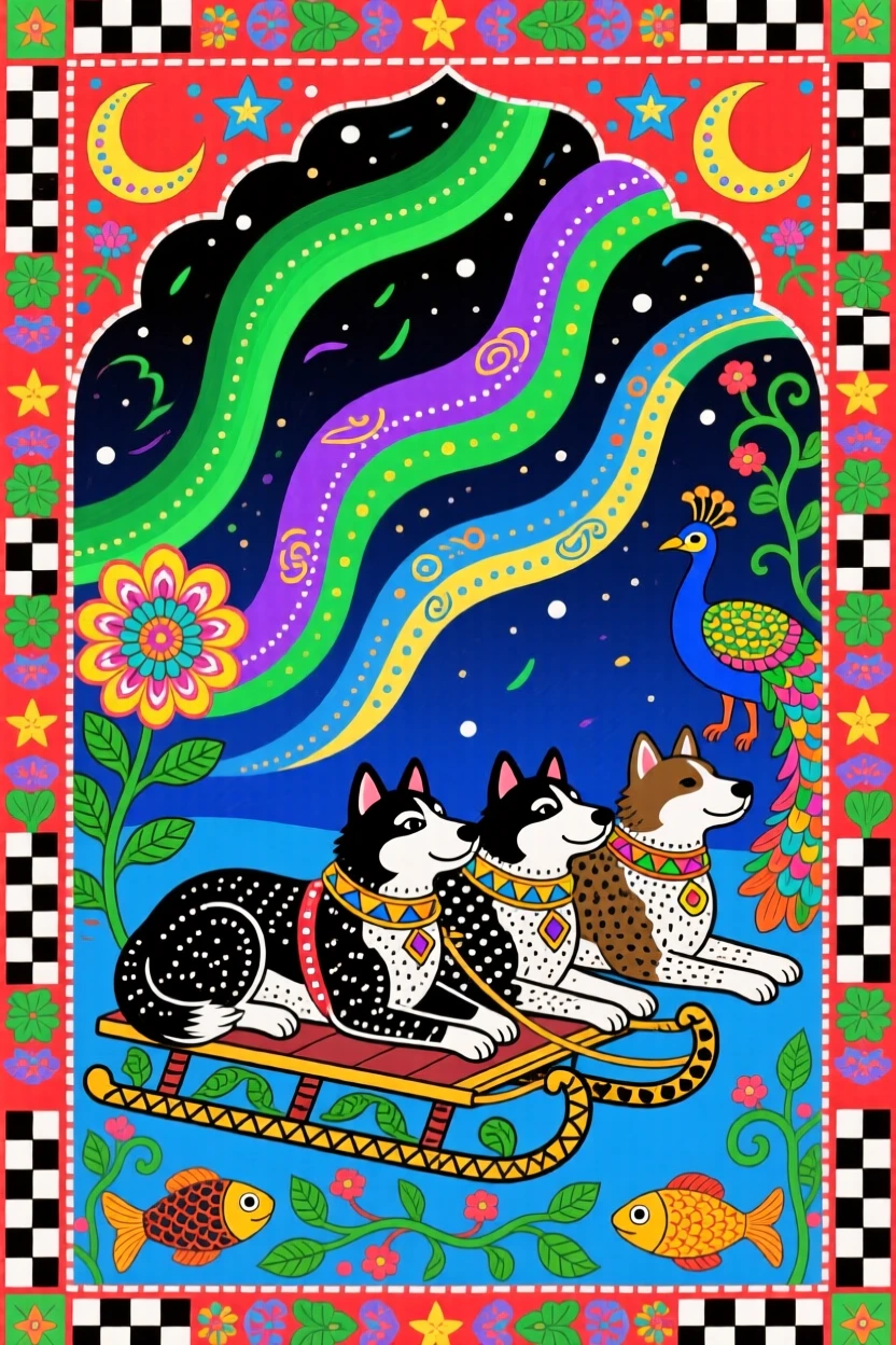 A sled dog team resting beneath the glow of the northern lights.