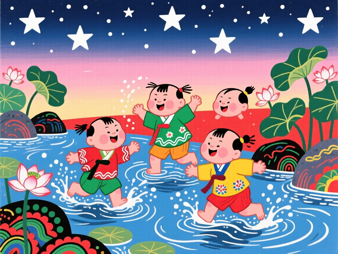 Children splashing in a shallow stream on a summer day as the first stars appear overhead.