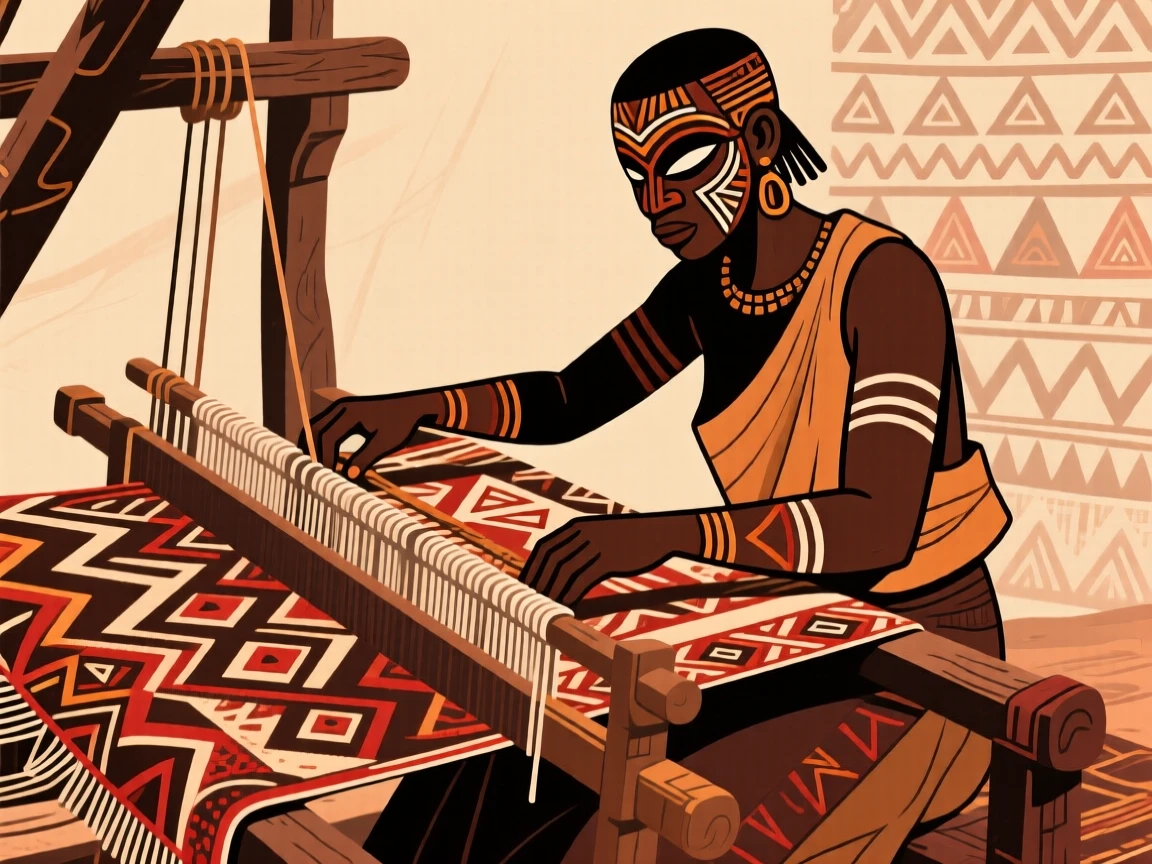 A weaver working intricate patterns into cloth on a loom.