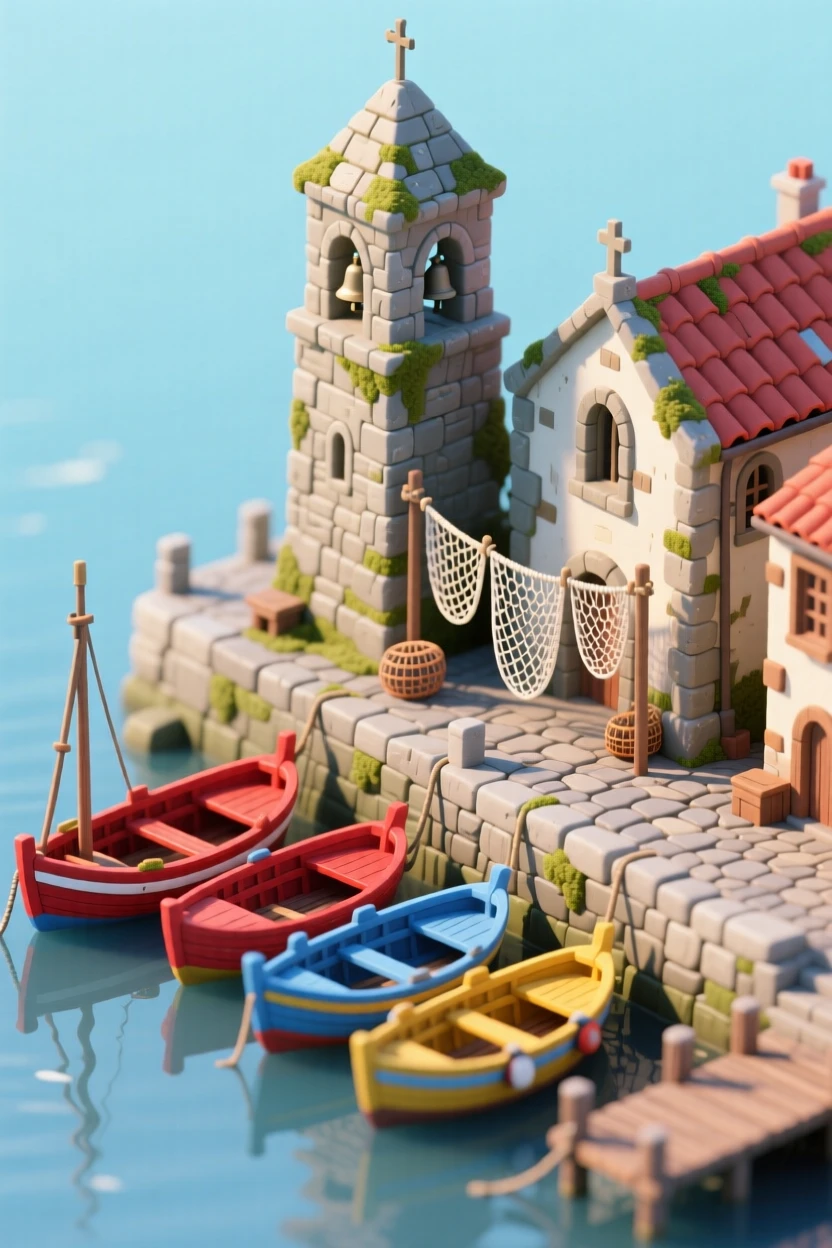 A medieval Basque fishing village with colorful boats, a stone church tower, and nets drying along the harbor wall.