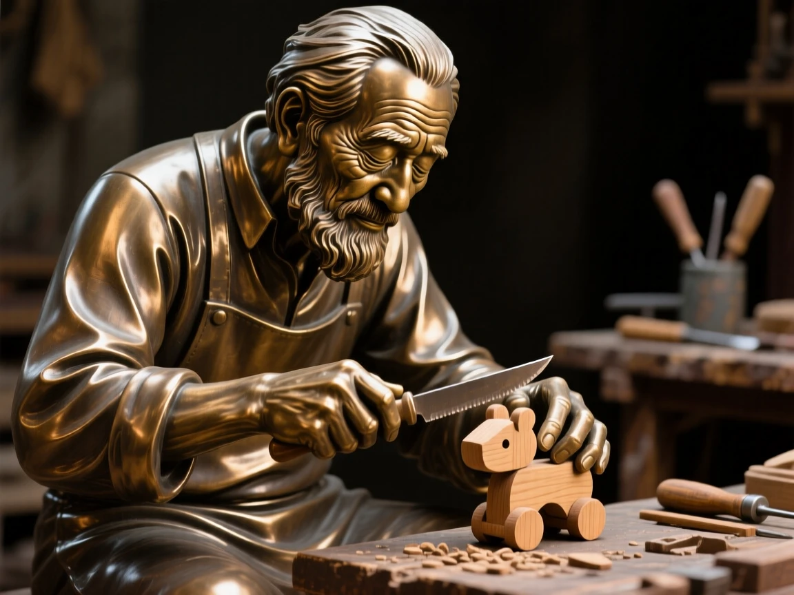 An elderly craftsman carving a wooden toy for his grandchild, with eyes closed in peaceful serenity, forming a strong central focal point