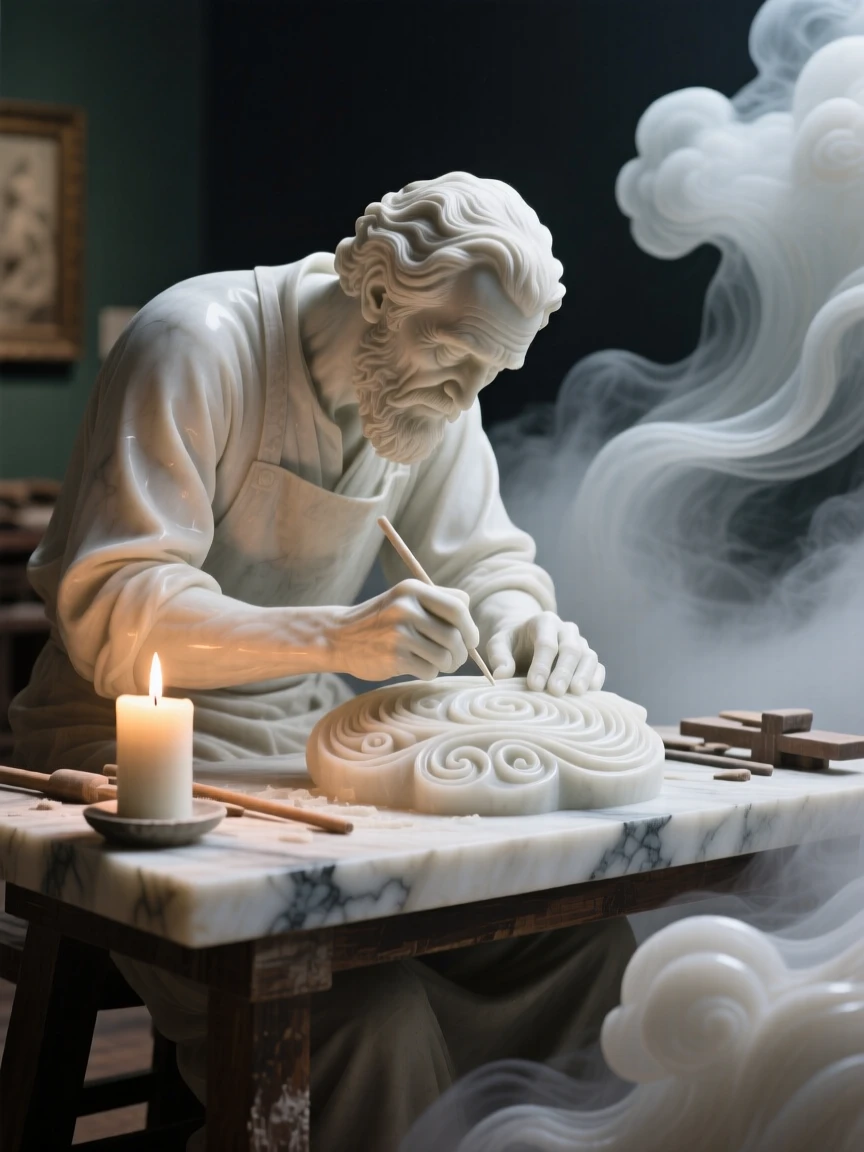 A beautifully composed image of an artisan carving intricate patterns by candlelight, amid swirling clouds and mist, full of atmosphere and visual storytelling