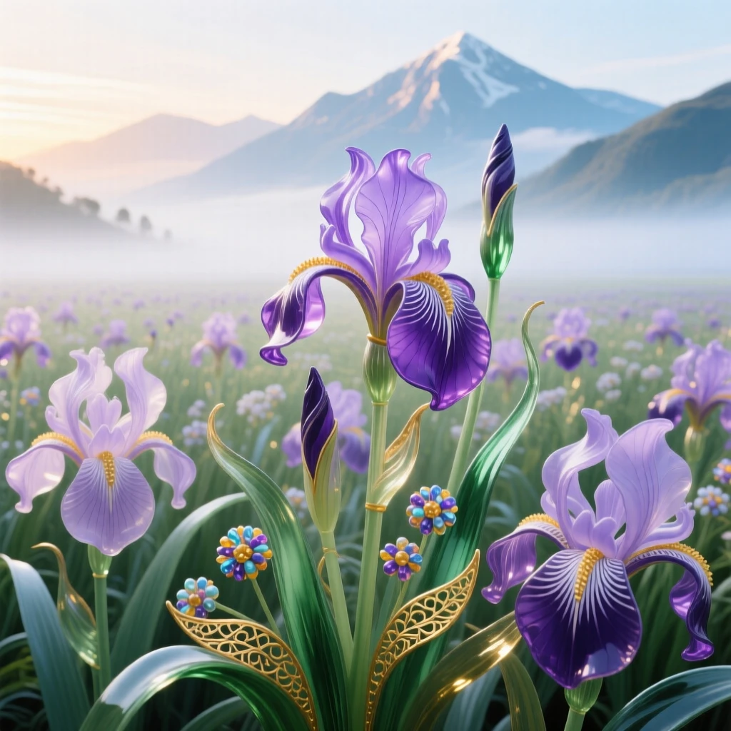 A field of blooming irises stretching toward the mistiest mountain peaks at the very first light, elegant and expansive.