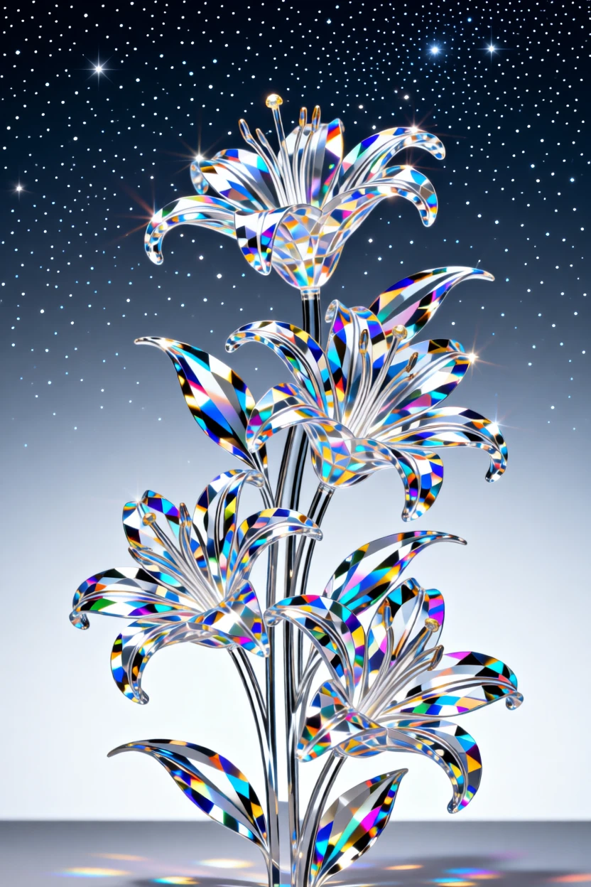A surreal spiral of blooming lilies rising into a sky filled with stars.