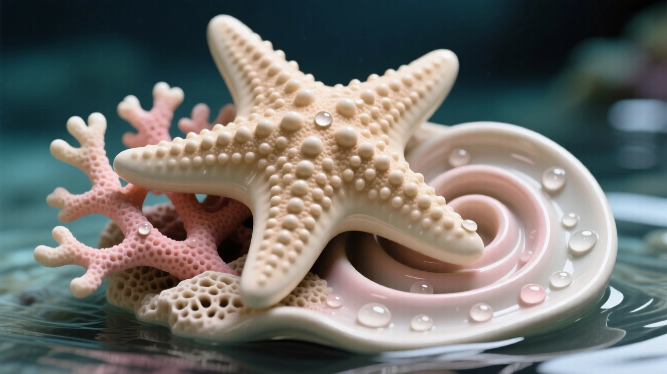 A starfish resting on a bed of coral gliding in a slow, elegant spiral, dotted with tiny, glimmering droplets, conveying calm, fluid tranquility.
