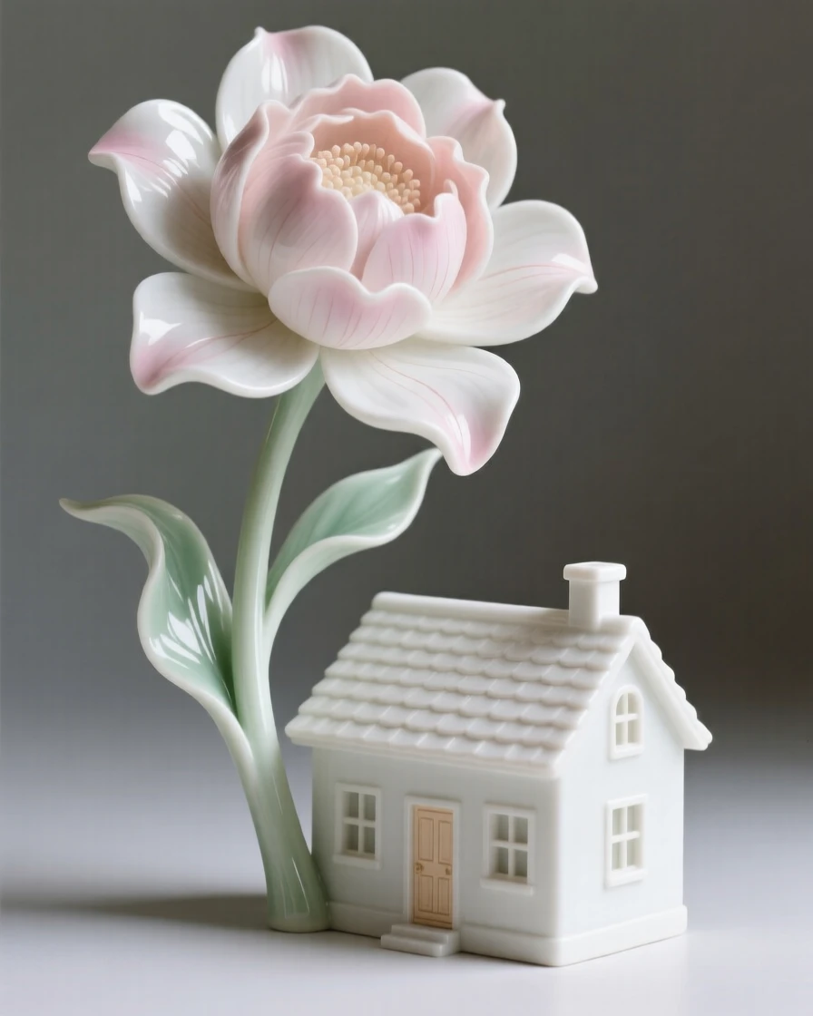 A surreal composition where a single flower grows impossibly large beside a small cottage, rendered with quiet, elegant restraint.
