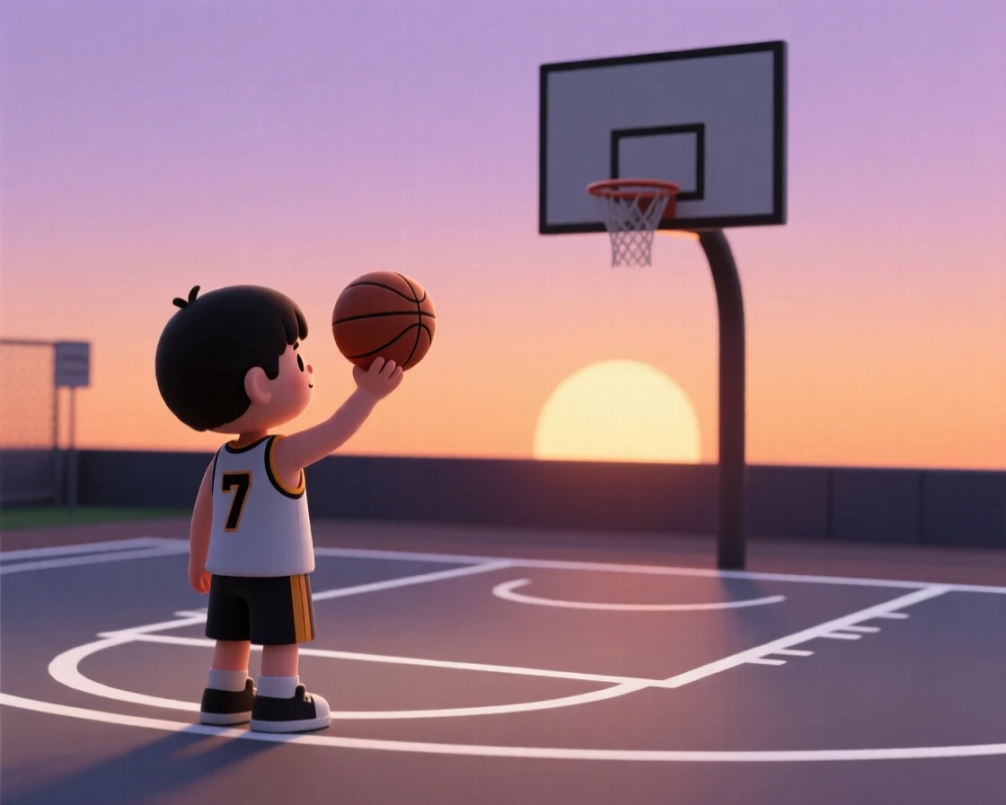 A determined young athlete practices free throws alone on an empty court as the sun sets behind the hoop.