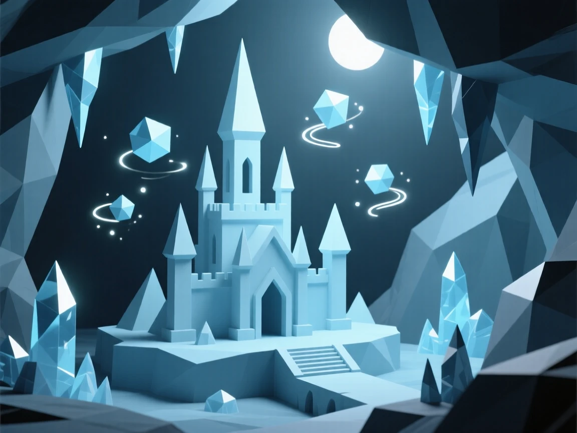 An ice queen's palace shimmering under the moon, inside a cavern glittering with crystal light. swirling particles of light drift through the air. There is an air of ancient mystery.