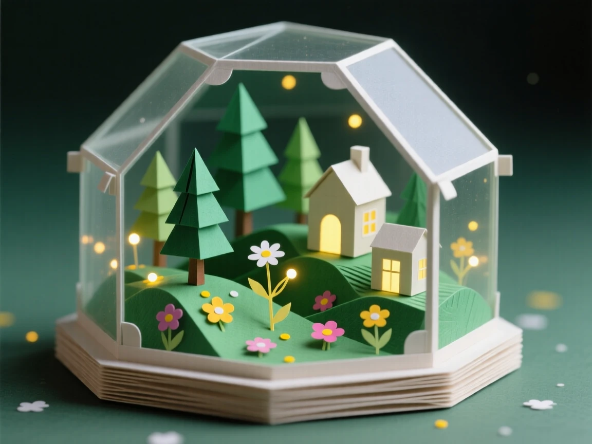 A miniature glowing world inside a terrarium glowing softly beneath a twilight sky, with tiny lights glowing from within, evoking a sense of boundless imagination.