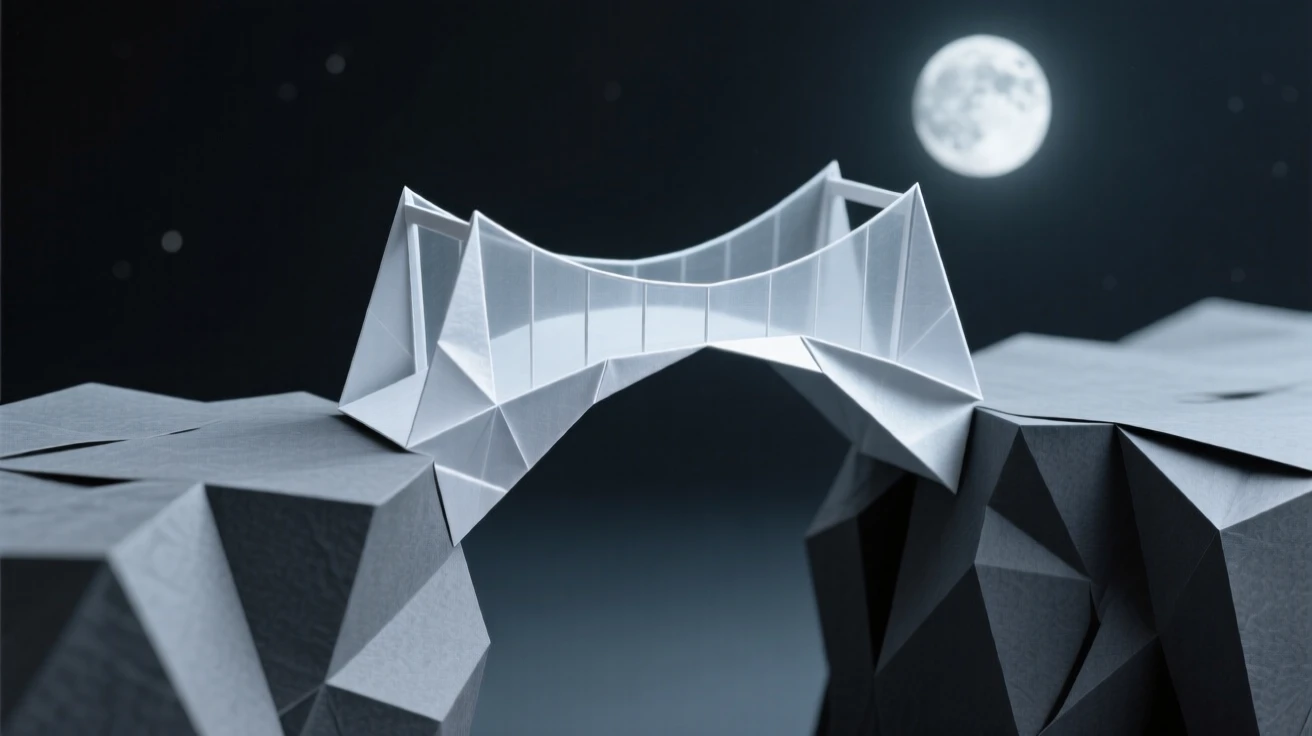 A single bridge made entirely of moonlight connecting two distant clifftops.