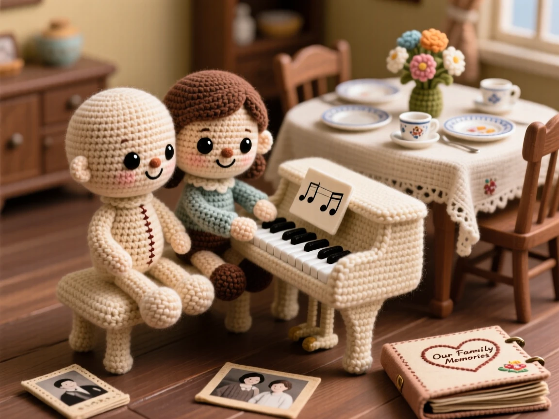 A heartwarming family moment: siblings practicing a duet on piano together sitting close on the same bench, finishing the song with a proud smile within a warm dining room set for a family gathering; a worn but beloved family photo album nearby, full of warm nostalgia and gentle family tradition.
