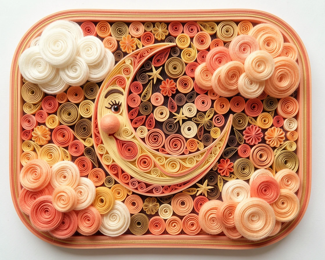 a starry night sky with a smiling crescent moon, beneath a sky full of fluffy cotton-candy clouds, framed with soft rounded borders like a picture book page, in warm sunny tones of gold and coral.