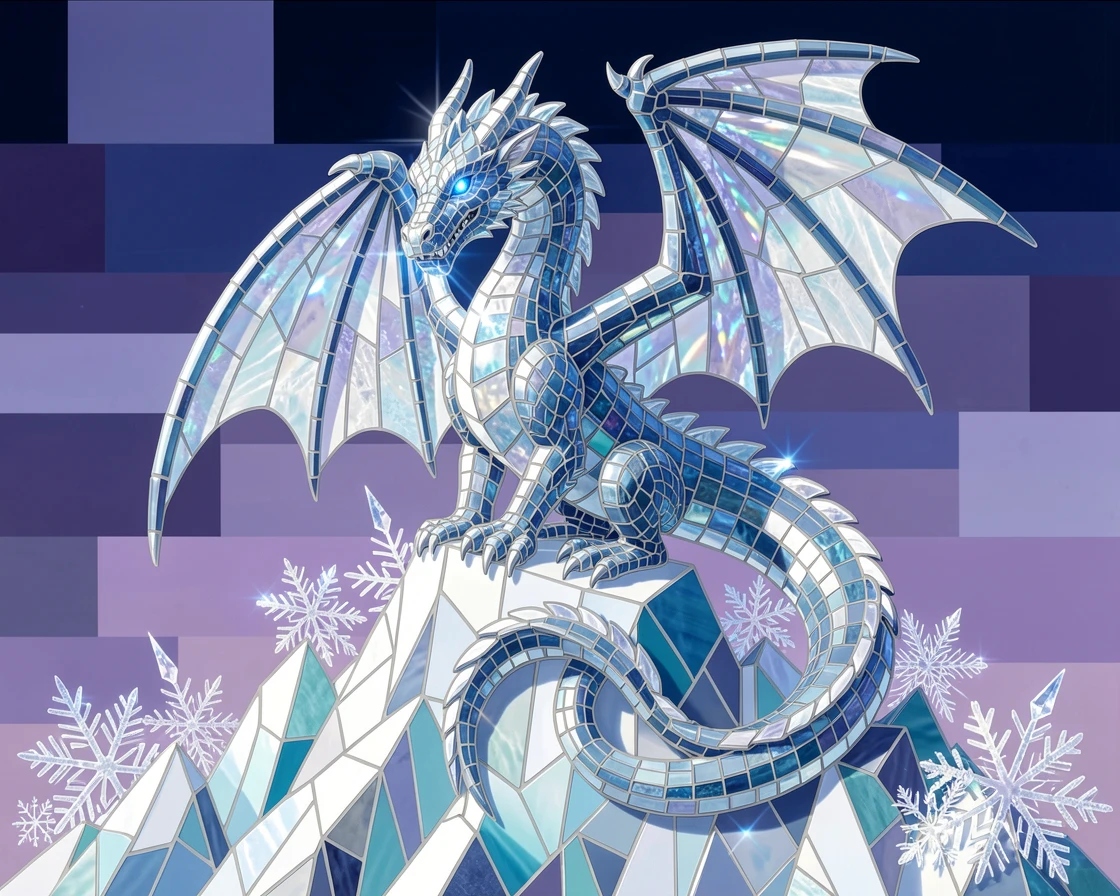 A majestic ice dragon perched on a frozen glacier peak, rendered with dramatic magical lighting and rich atmospheric detail.