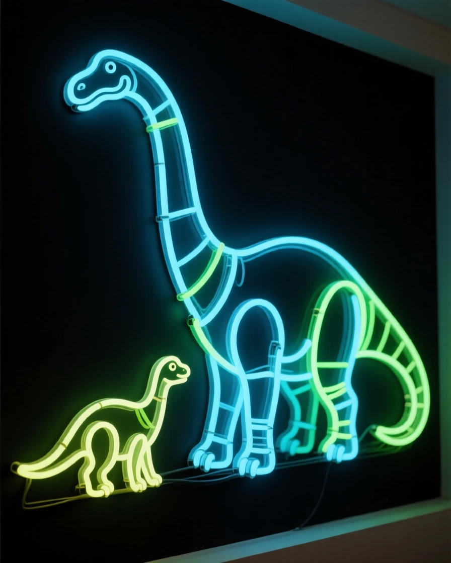 A young Diplodocus following closely behind its towering parent.
