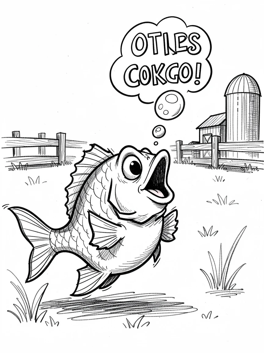 A fish blowing bubbles that spell out a message in a barnyard on a sunny afternoon.