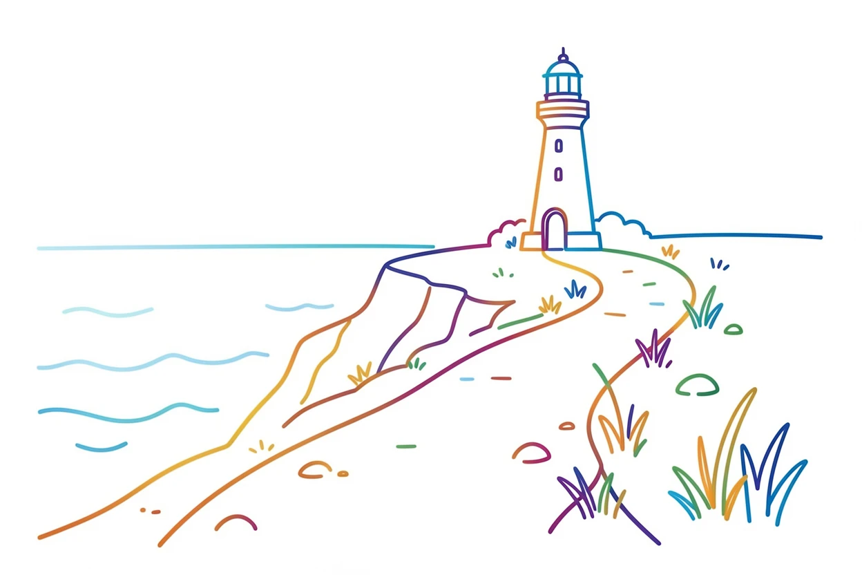 A quiet coastal cliff path leading toward a distant lighthouse.