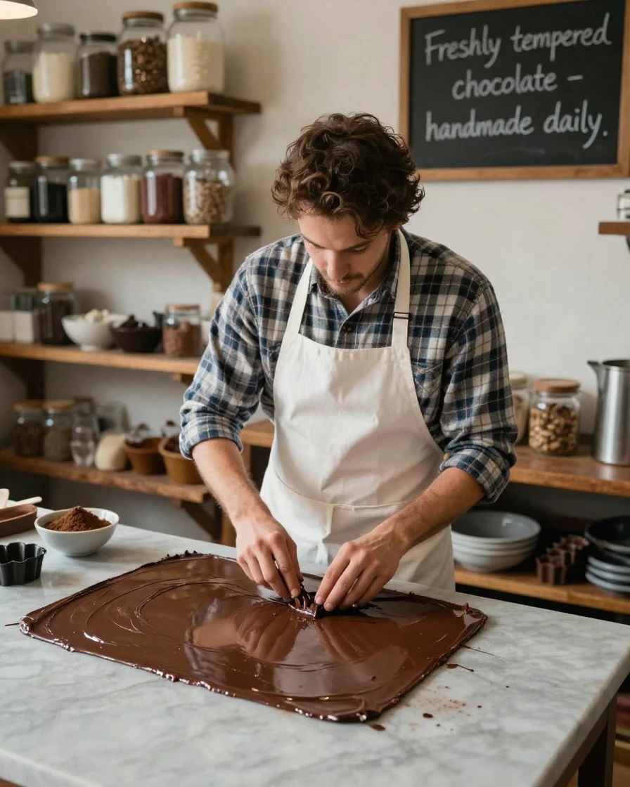 A chocolatier tempers a glossy sheet of chocolate on a marble countertop.