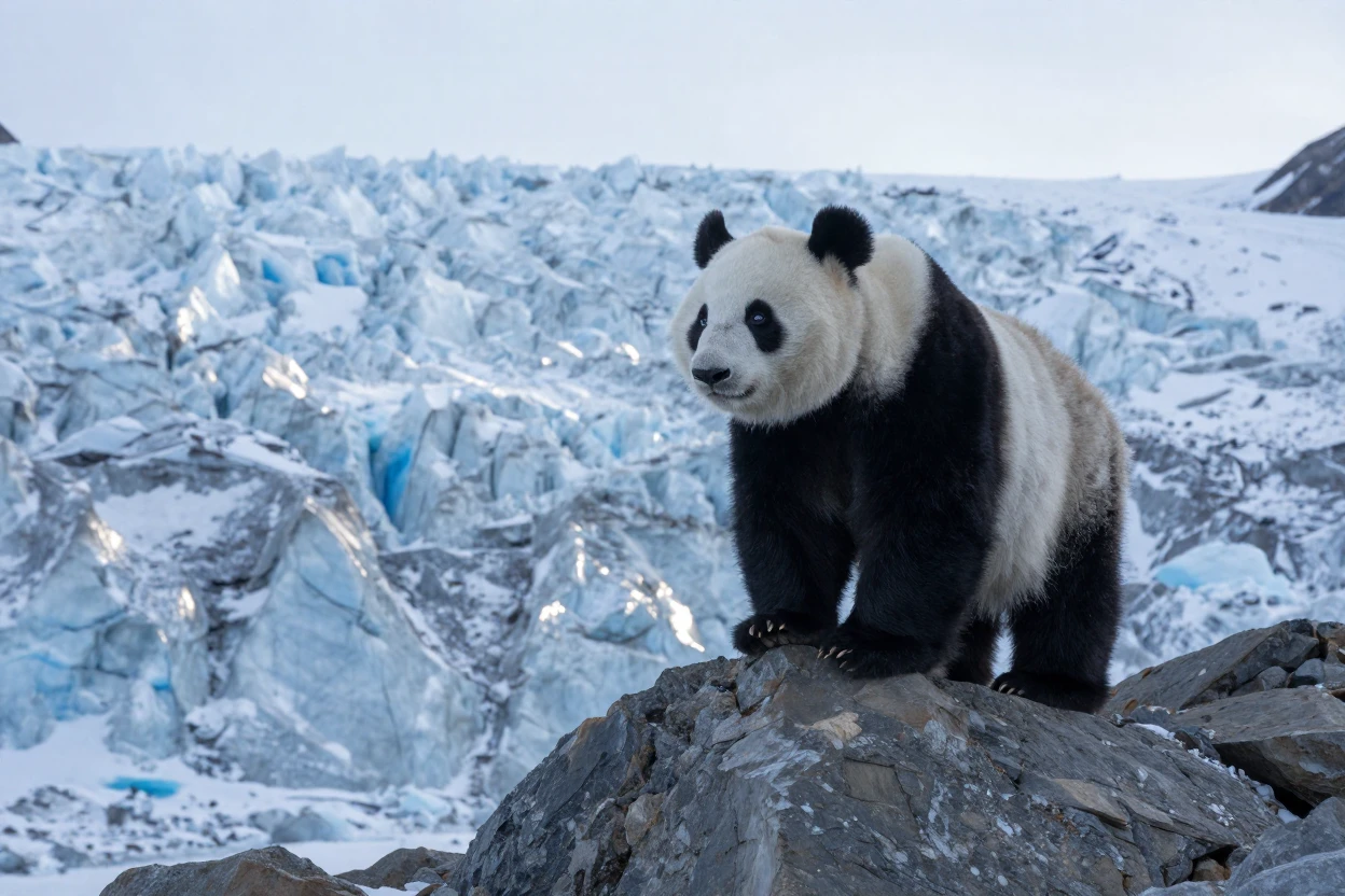 A giant panda watching alertly from atop a rocky outcrop along the icy edge of a glacier
