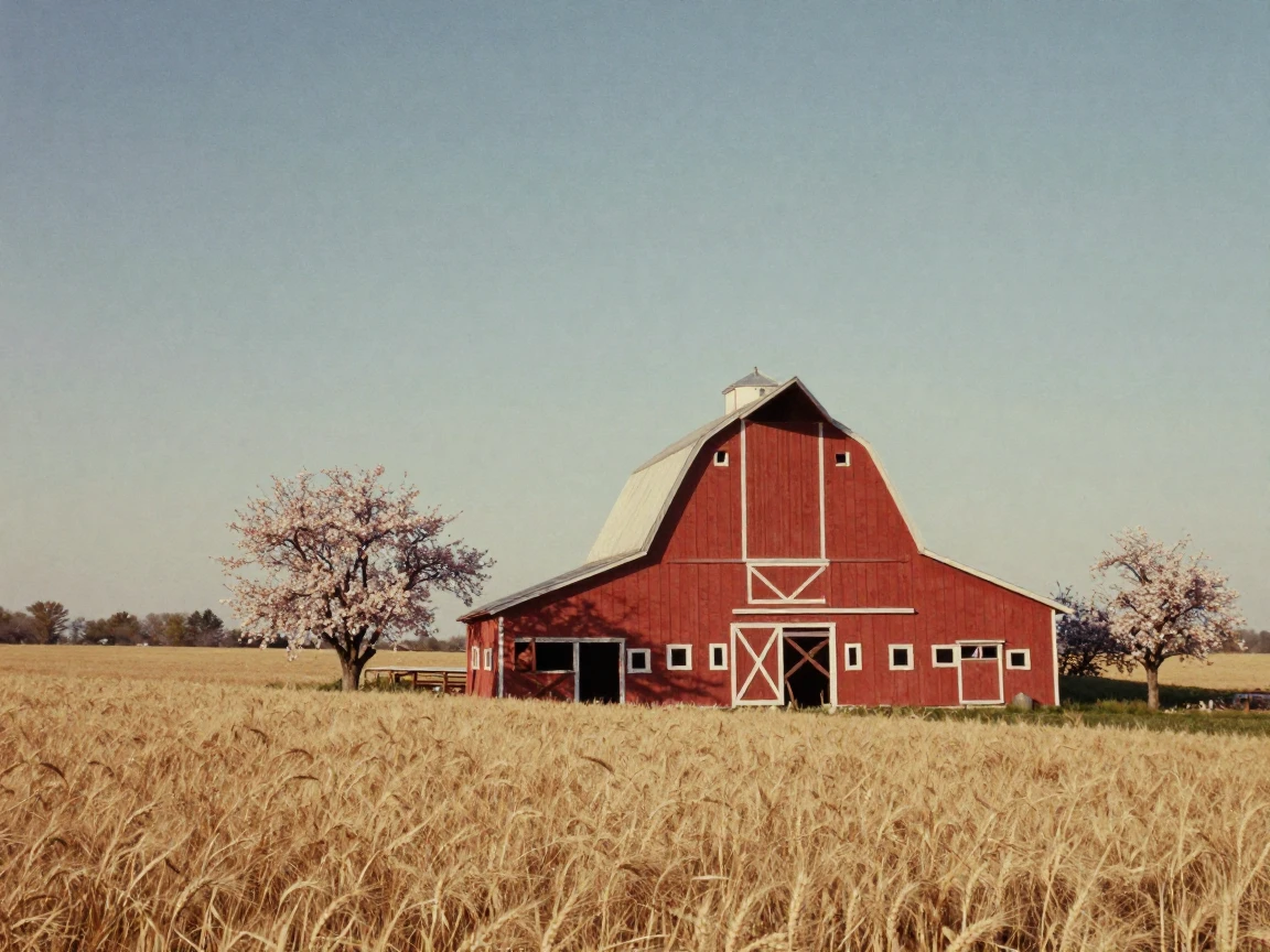 A red barn standing at the edge of a golden wheat field, in low lamplight, on a clear, cloudless day, as spring blossoms unfurl, in cool blues and silvery greys, captured from a low angle looking up.