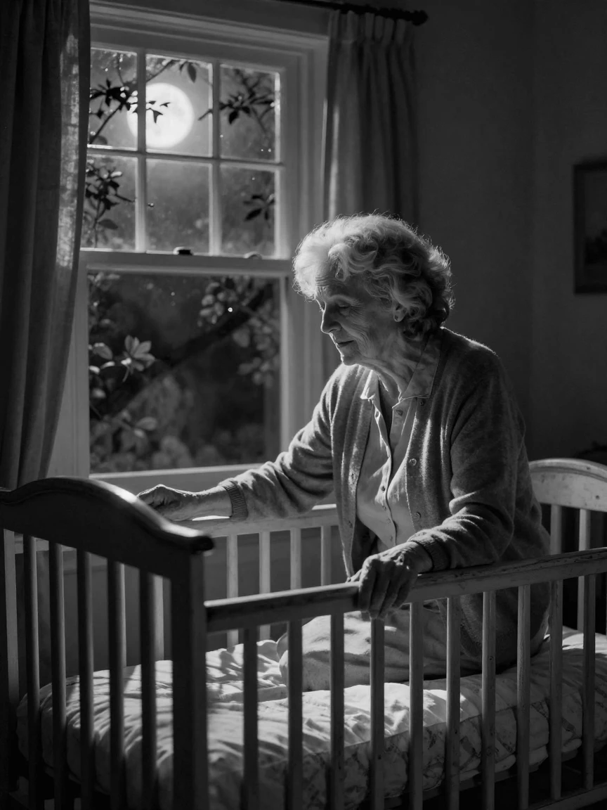 A grandmother hums a lullaby while rocking a cradle beside an open window at night.