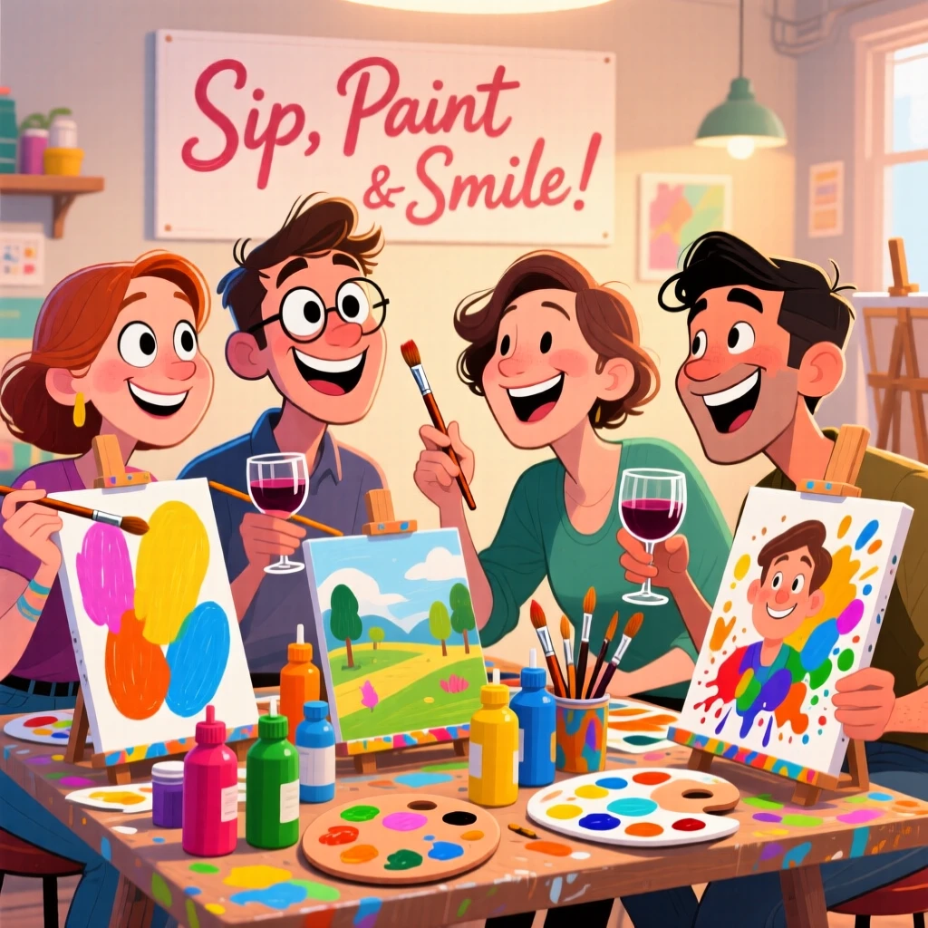 A group of friends at a paint-and-sip class, canvases in various stages of completion.