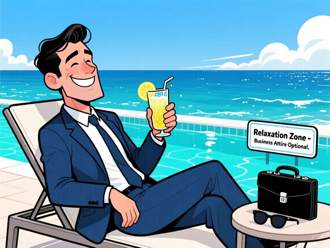 An aspirational lifestyle scene of a sharp businessman relaxing beside an infinity pool overlooking the ocean, as a gentle sea breeze stirs the air.