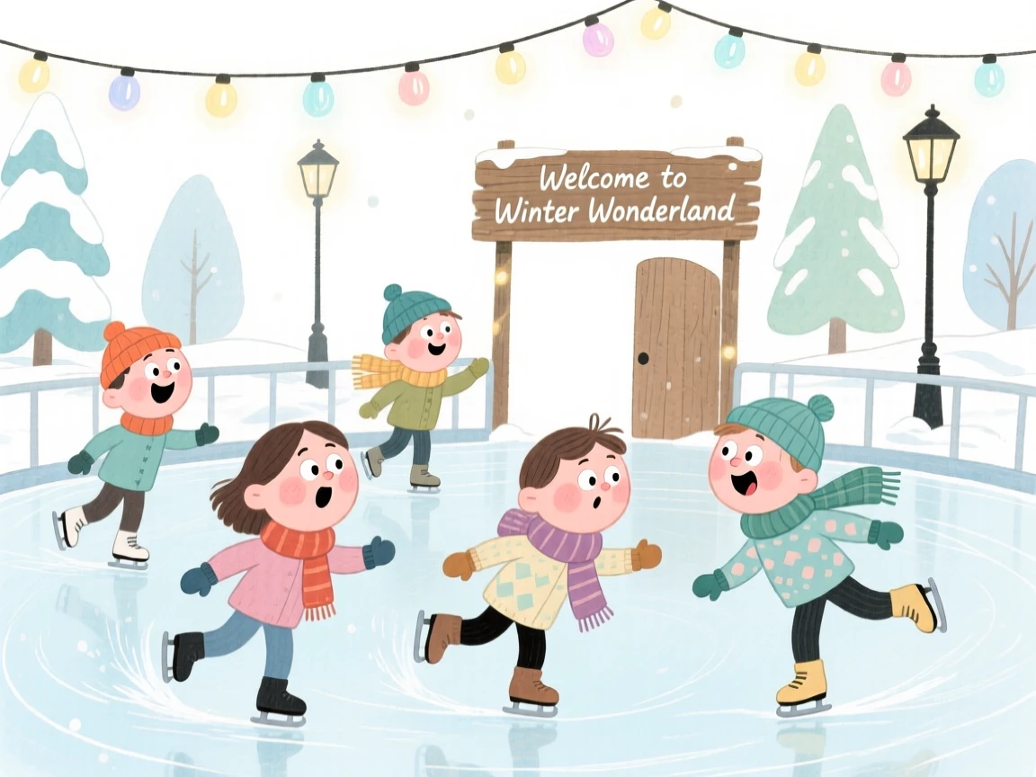 A charming seasonal scene of a winter ice skating rink strung with twinkling lights
