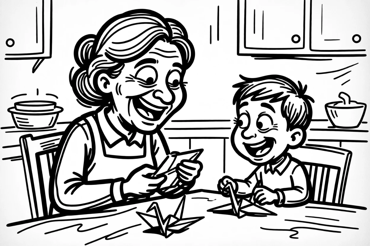 A grandmother teaching her grandchild to fold an origami crane at the kitchen table.