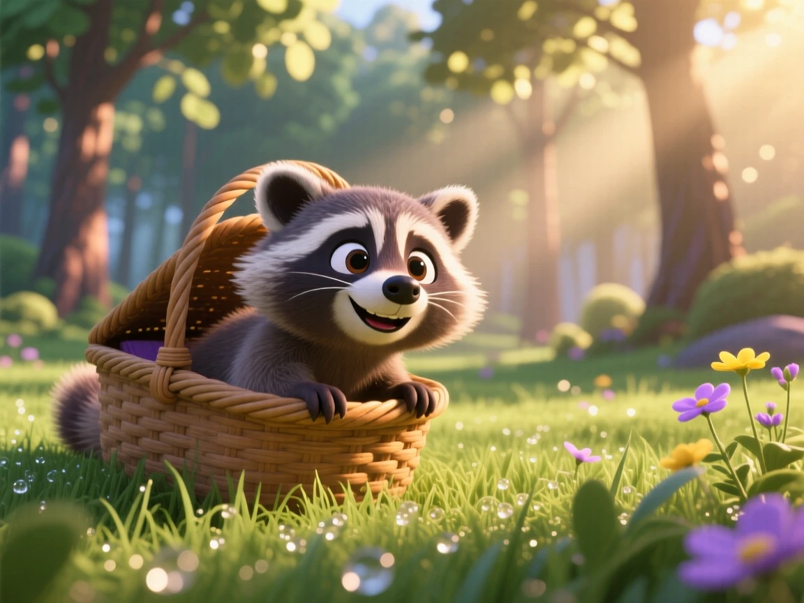A curious raccoon kit is peeking out of a picnic basket, rolling gently onto its back. The scene feels warm and heartwarming, with dew drops glistening nearby.