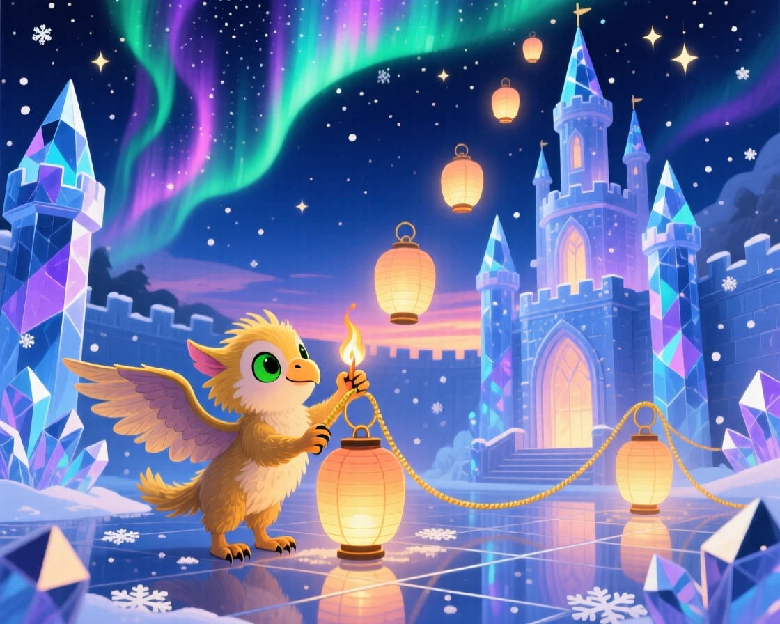Deep within a castle made of crystal, a griffin cub spends the evening lighting lanterns that float into the night sky, as the northern lights ripple overhead.