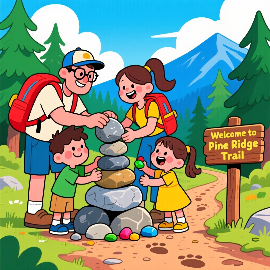 A family building a rock cairn together along a hiking trail.