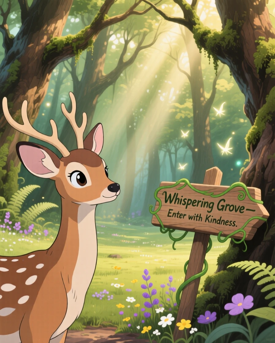 A deer pausing at the edge of a quiet forest clearing, with a curious expression, ears perked up, radiating pure charm.