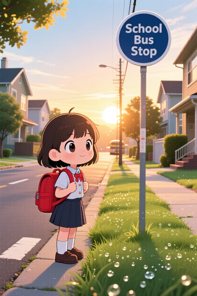 A young girl waiting for the school bus with a backpack in a quiet suburban street at sunrise as morning dew glistens on the grass; shimmering reflected light off water washes over the scene as quiet contentment fills the moment. Worm's-eye view.