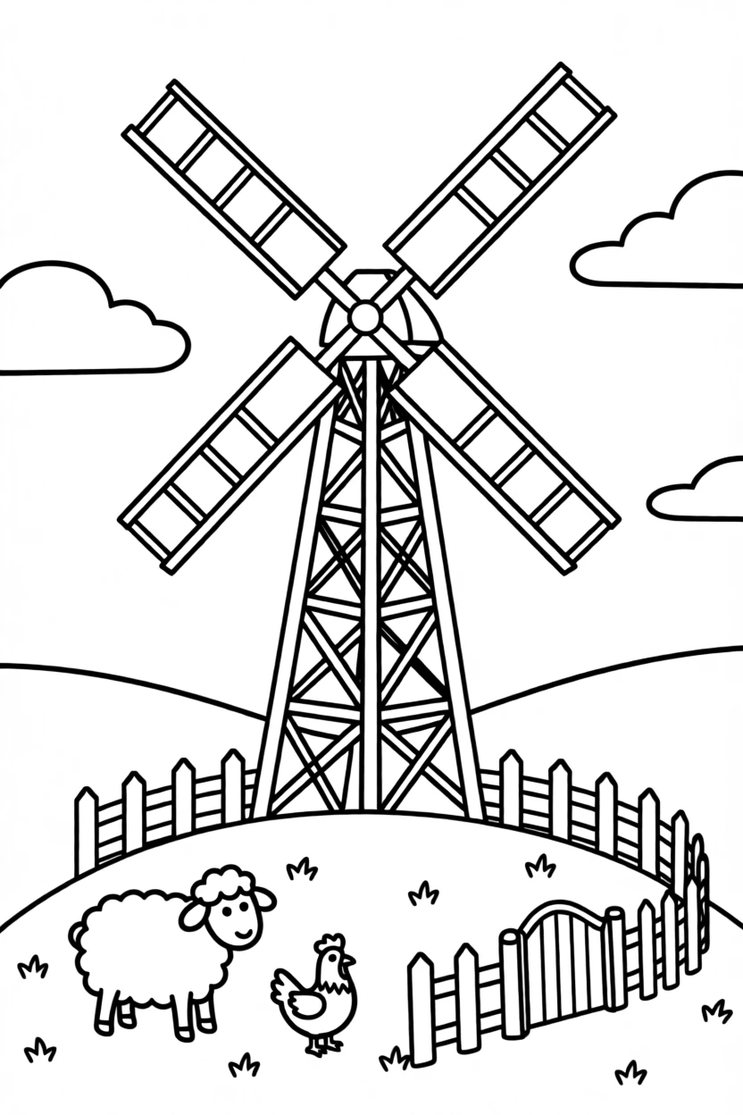 A farm windmill turning slowly against a blue sky