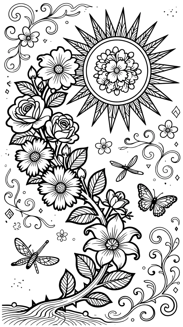 A single trail of blooming flowers spelling out a gentle rising sun.