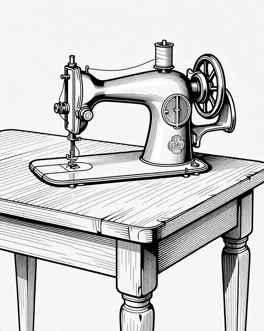 A vintage sewing machine on an antique wooden table