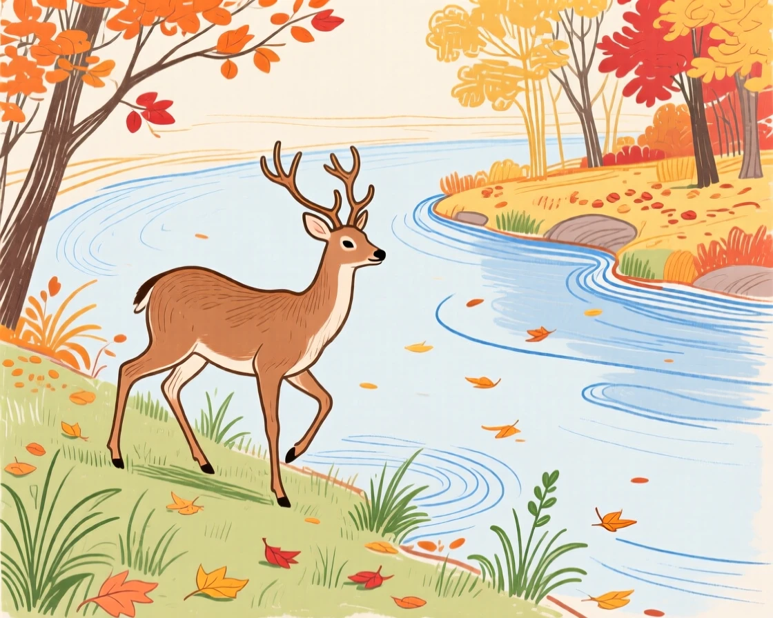 A gentle deer playing along a quiet riverbank on a crisp autumn day.