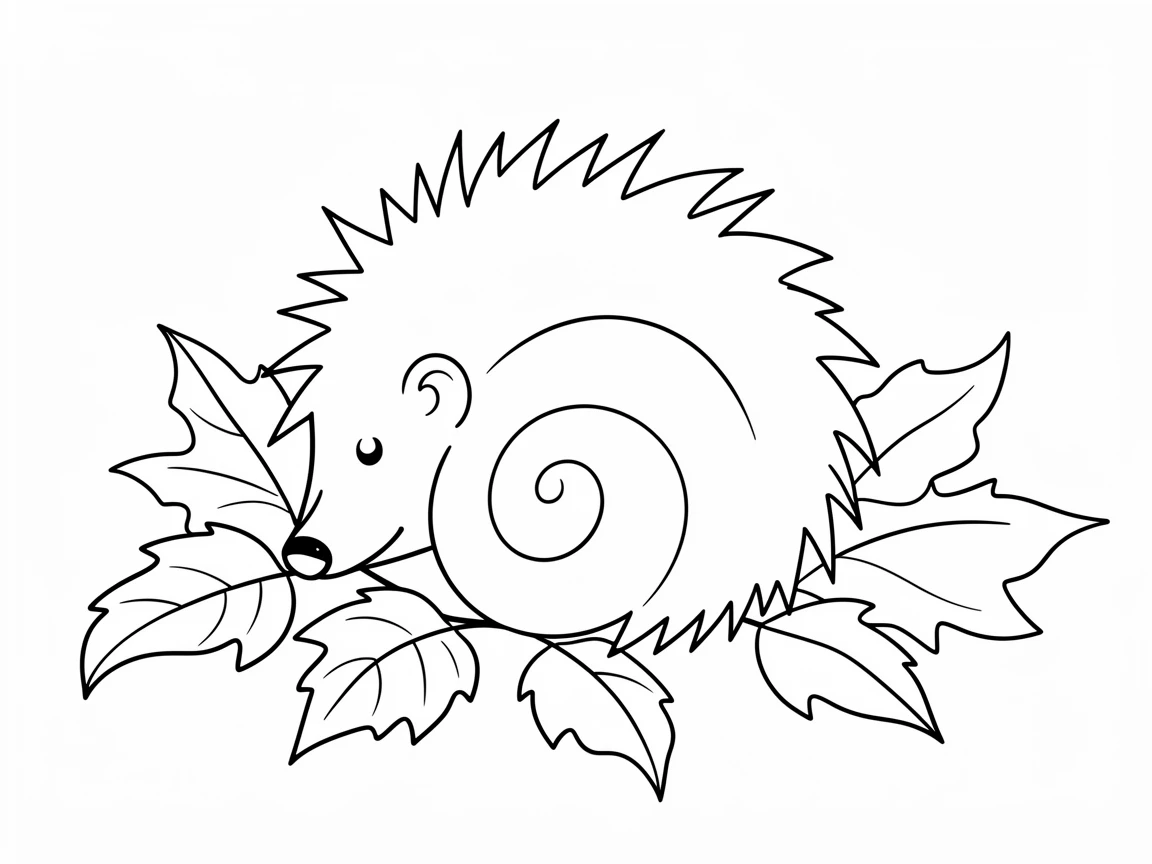 A hedgehog curled into a tight ball among fallen autumn leaves