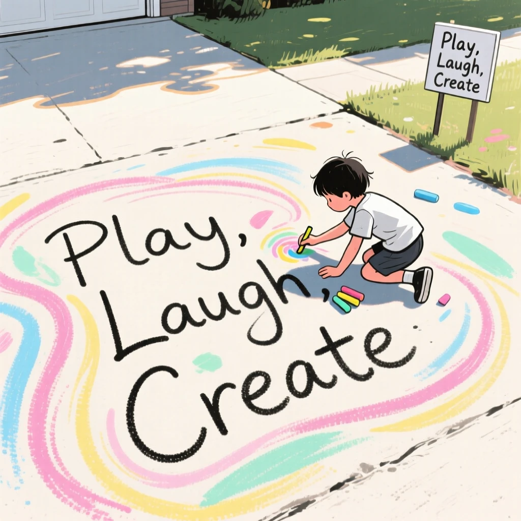 A child drawing a colorful chalk mural across a sunny driveway.