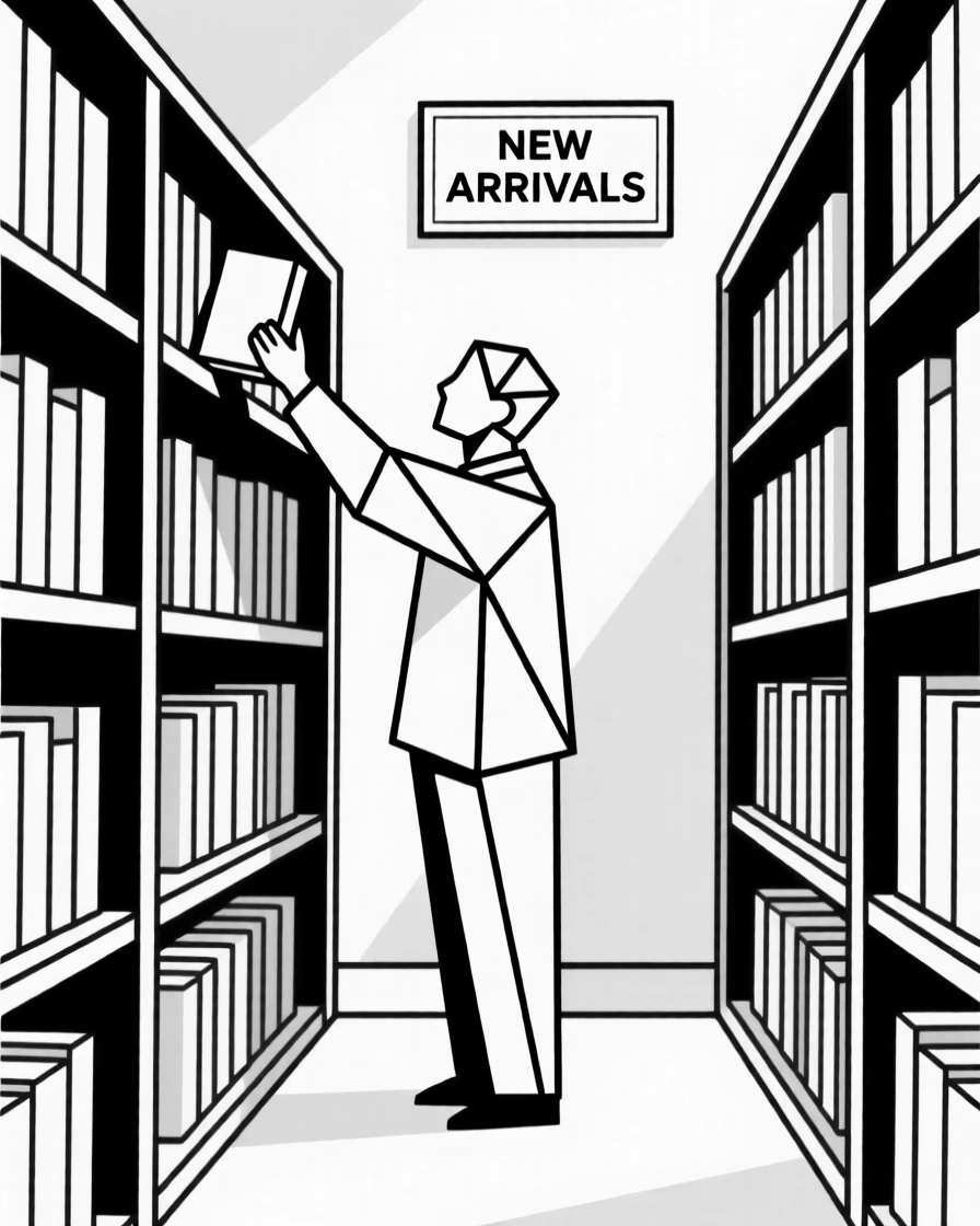 A librarian organizing books on tall shelves