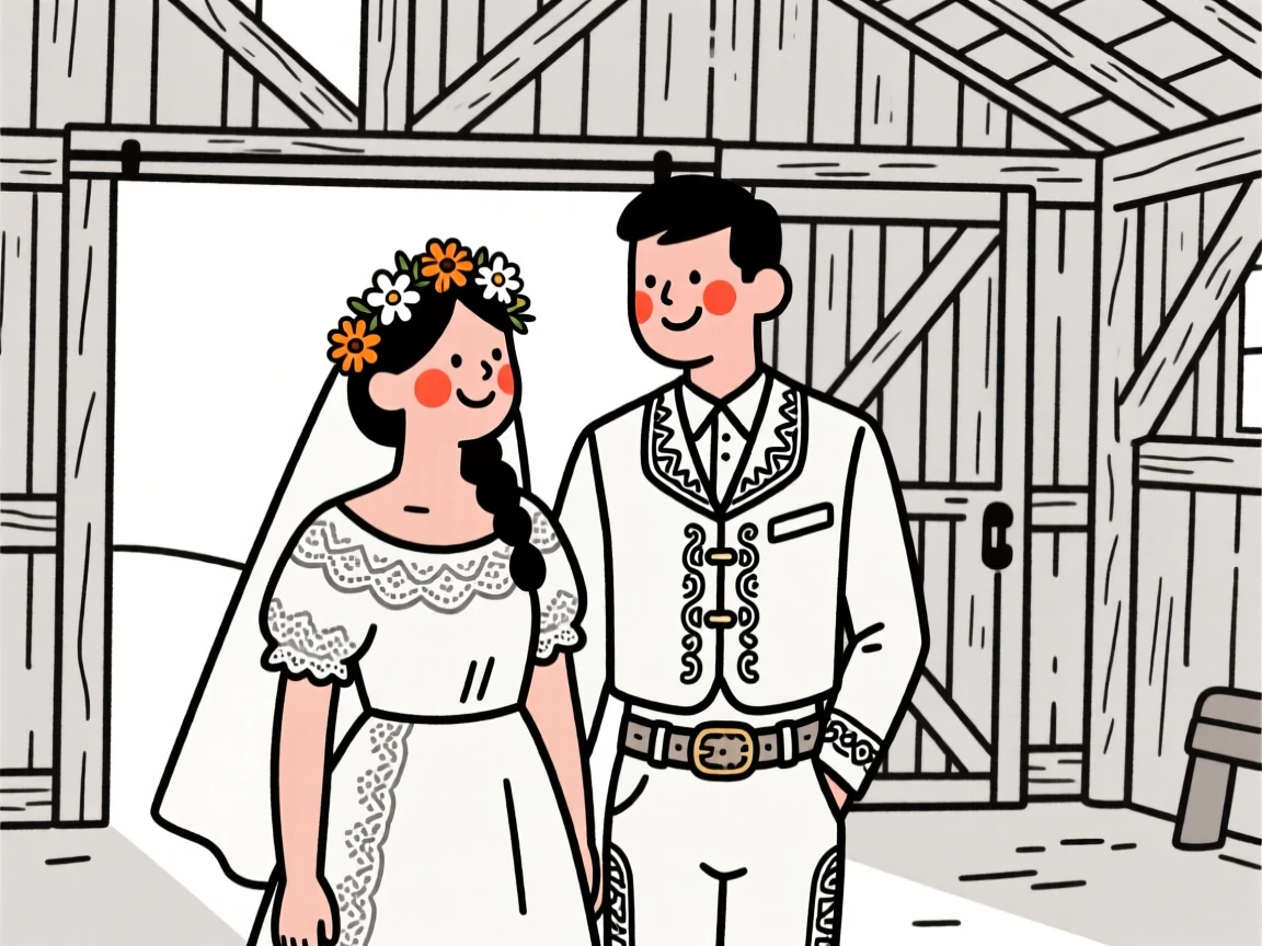 A bride and groom of Mexican heritage, smiling warmly, in a rustic barn.