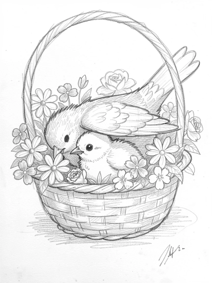 An irresistibly cute scene of a chick peeking out from beneath its mother's wing in a basket of soft flowers, looking impossibly soft and content.