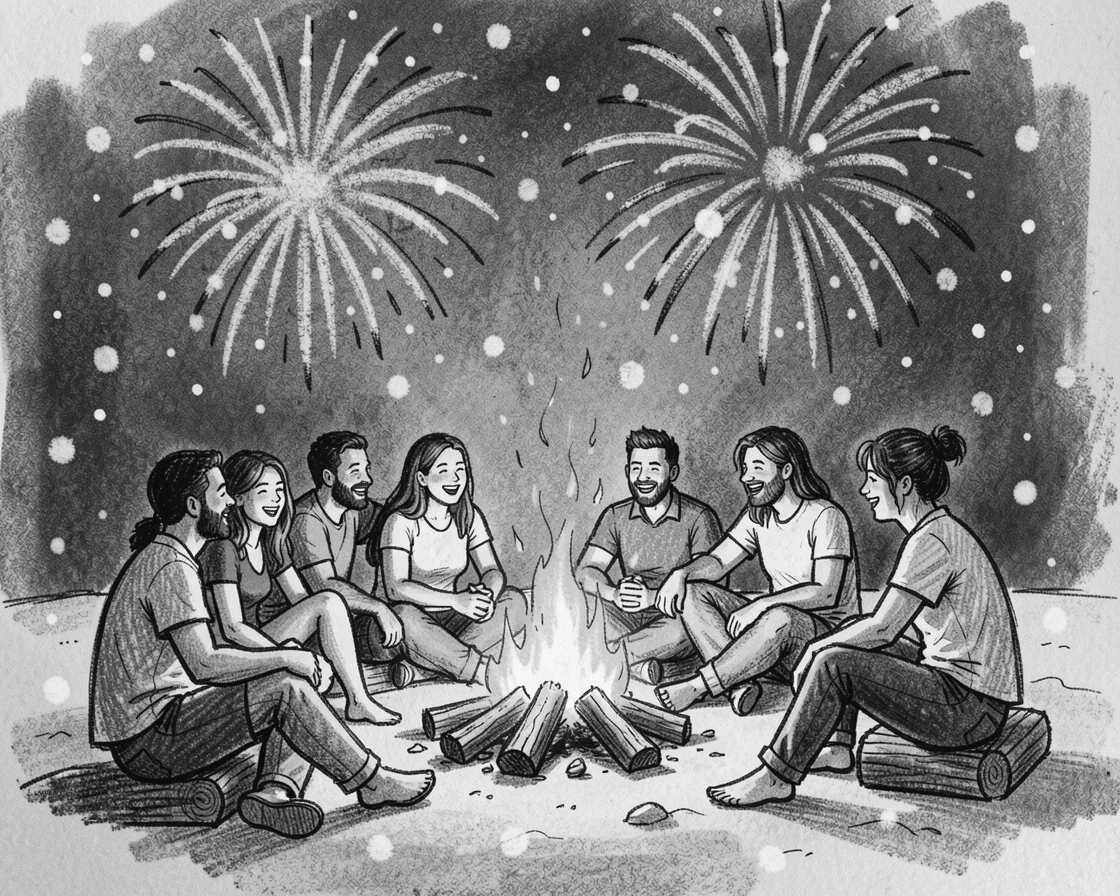 A summer beach bonfire with friends gathered under fireworks, under a soft blanket of falling snow.
