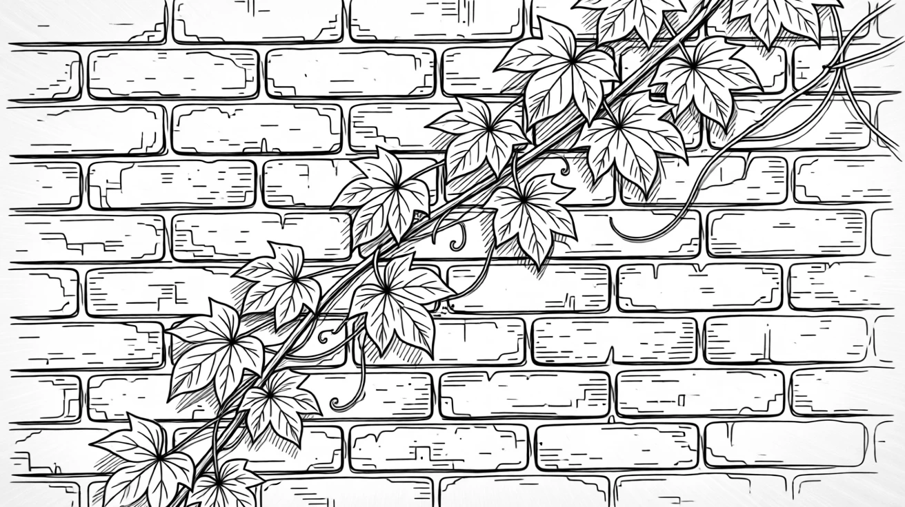 A winding vine of ivy climbing gracefully up an old brick wall.